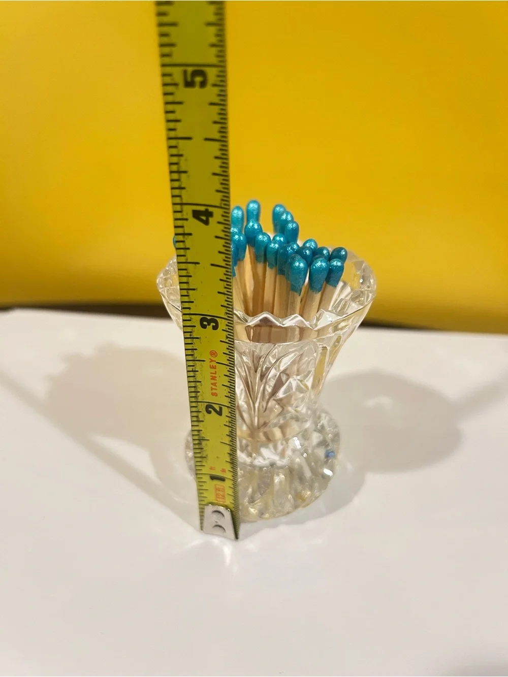 Vintage EAPG Clear Glass mini vase Match Holder with Teal Tipped Matches